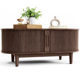 LINSY HOME Oval Coffee Table, Wood Coffee Table with Storage, Fluted Accent Center Table with Sliding Tambour Door, 39" Mid Century Modern Coffee Tables for Living Room, Bedroom, Apartment, Walnut LINSY HOME