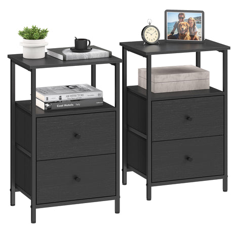 VASAGLE Nightstand Set of 2, Side Tables with 2 Fabric Drawers, 24-Inch Tall End Tables with Storage Shelf, Bedroom, Ash Black and Black ULGS225B21 VASAGLE