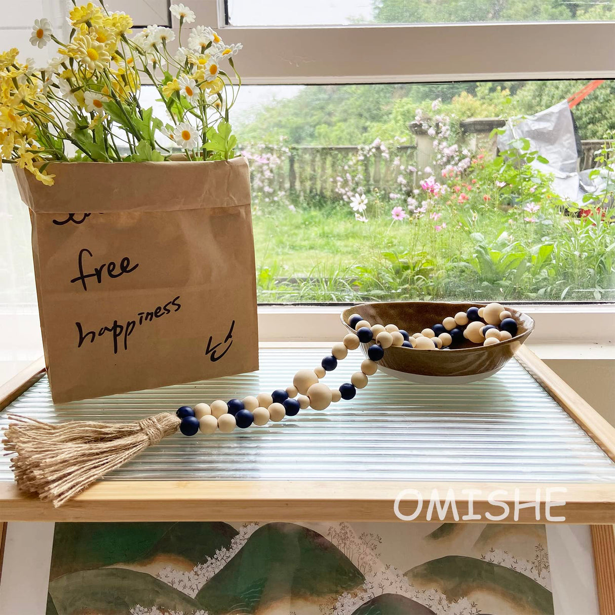 OMISHE Wood Bead Garland with Tassels 61 Inches, Wooden Beads Garland, Boho Home Decor, Decorative Beads Garland Decor, Farmhouse Beads Garland for Tiered Tray Decor Navy Blue OMISHE