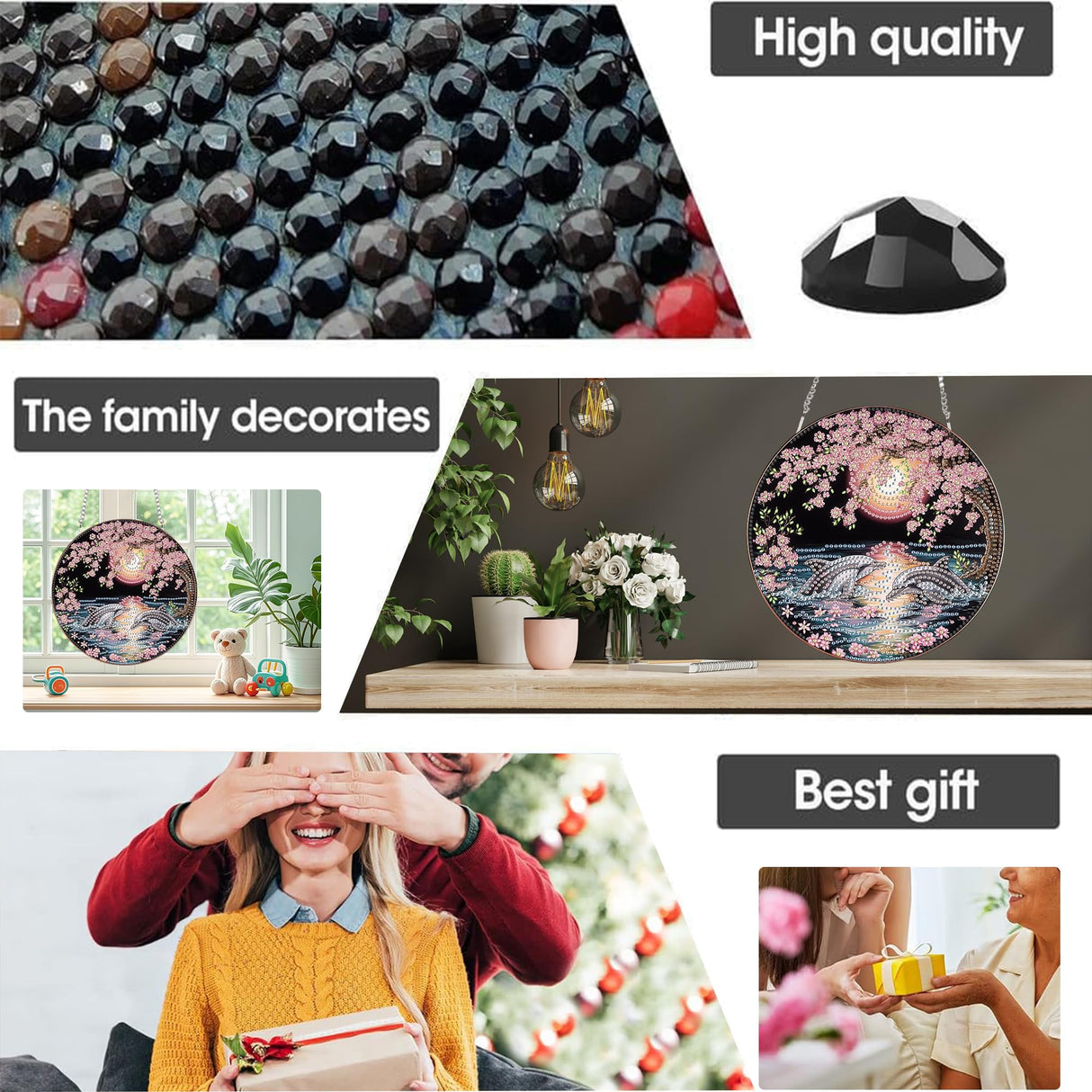 Yomiie DIY Double Sided Sun Catcher Window Hanging – Diamond Painting Pendant Kit with Dolphin Animal & Flowers Design, Spring Outdoor Decor Hanging Ornament, 5D Diamonds Art for Home/Garden 8x8 inch Yomiie