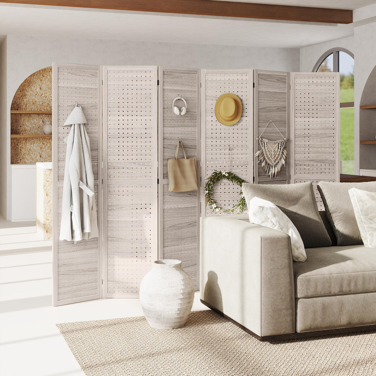 HOMCOM 6 Panel Pegboard Display with 500 Hook Holes, Wood Room Divider Wall, 5.6Ft Folding Privacy Screens, Portable Freestanding Wall Organizer for Bedroom Reading Room, Natural HOMCOM