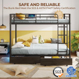 Rolanstar Metal Bunk Bed Twin Over Twin with USB Charging Station, LED Bunk Bed with 2 Storage Drawers, Bed with Safety Guardrail & Ladders, No Box Spring Needed, Easy Assembly, Black Rolanstar