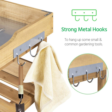 Yaheetech Outdoor Garden Potting Bench Table Wooden Horticulture Planting Worstation w/Metal Tabletop/Storage Shelf/3 Hooks, Natural Wood Yaheetech