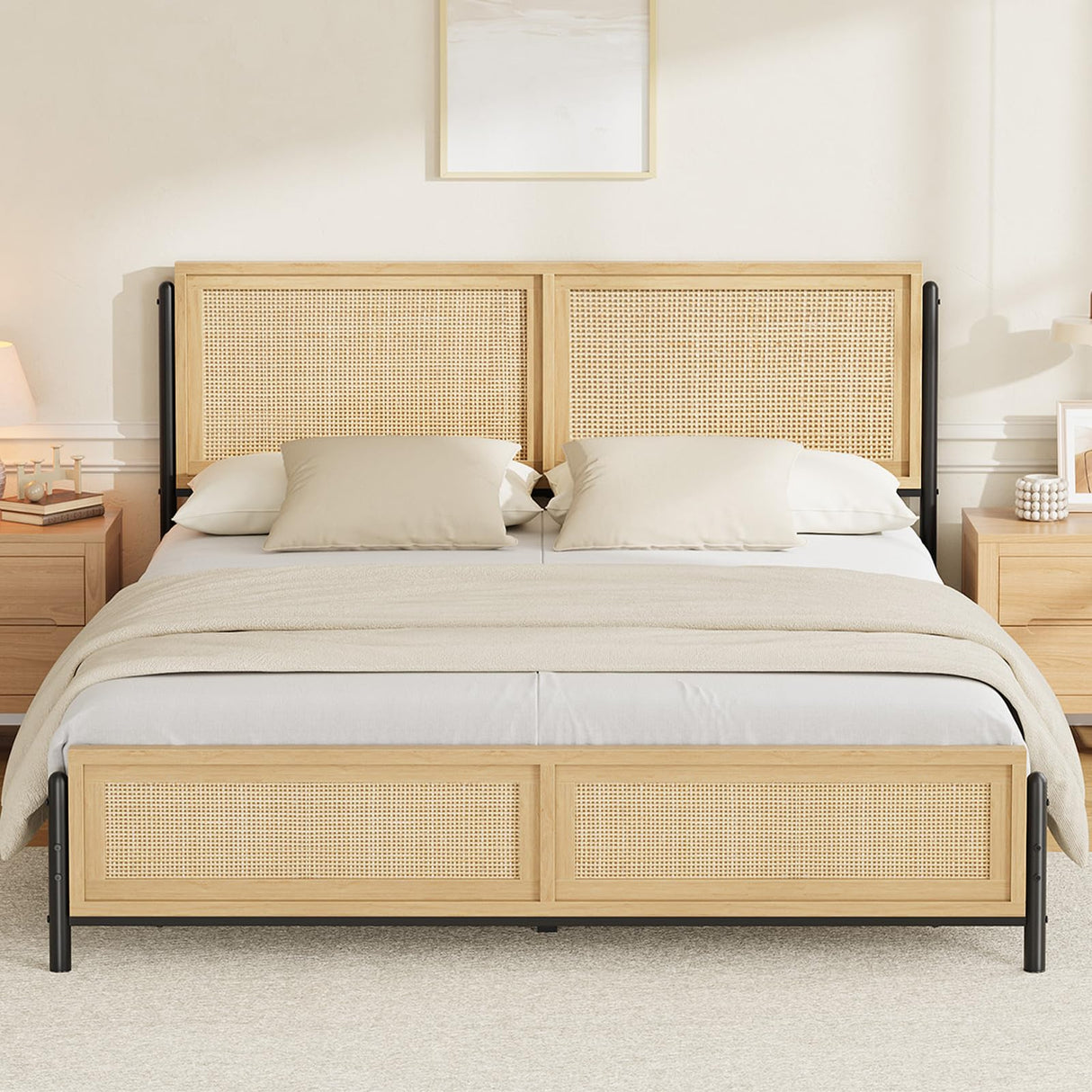 GarveeHome Boho Full Size Bed Frame with Natural Rattan Headboard and Footboard, Wooden Full Platform Bed No Box Spring Needed, 14 inch Noise-Free Easy Assemble Metal Bedframe GarveeHome