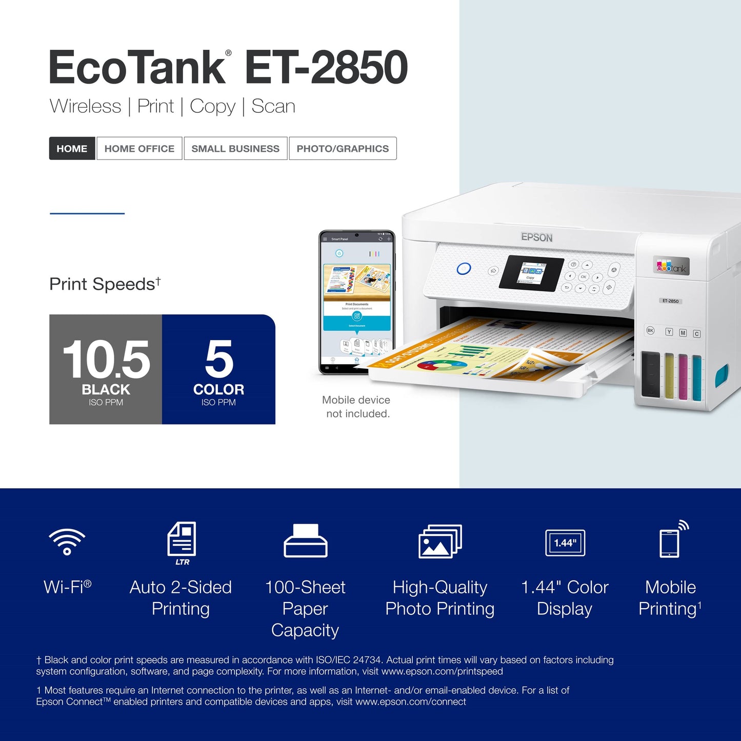 Epson EcoTank ET-2850 Wireless Color All-in-One Supertank Inkjet Printer, White - Print Scan Copy - 10 ppm, 4800 x 1200 dpi, Auto 2-Sided Printing, Voice-Activated