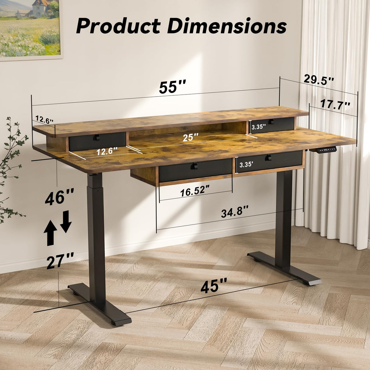 FICIHI Adjustable Height Standing Desk with 4 Drawers & Wheels,55 x 30 inches Electric Sit Stand Desk for Home Office,3 Memory Presets,Monitor Stand Riser,USB A/C Charging Port FICIHI