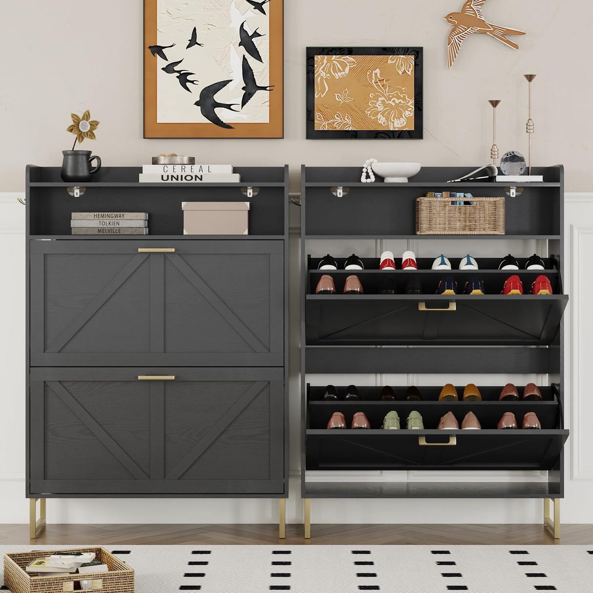 BORNOON Shoe Cabinet with 2 Flip Drawers Narrow Shoe Storage Cabinet Organizer Wooden Freestanding Rack Hidden Slim Storage for Entryway, Hallway, Living Room, Bedroom (Black) BORNOON