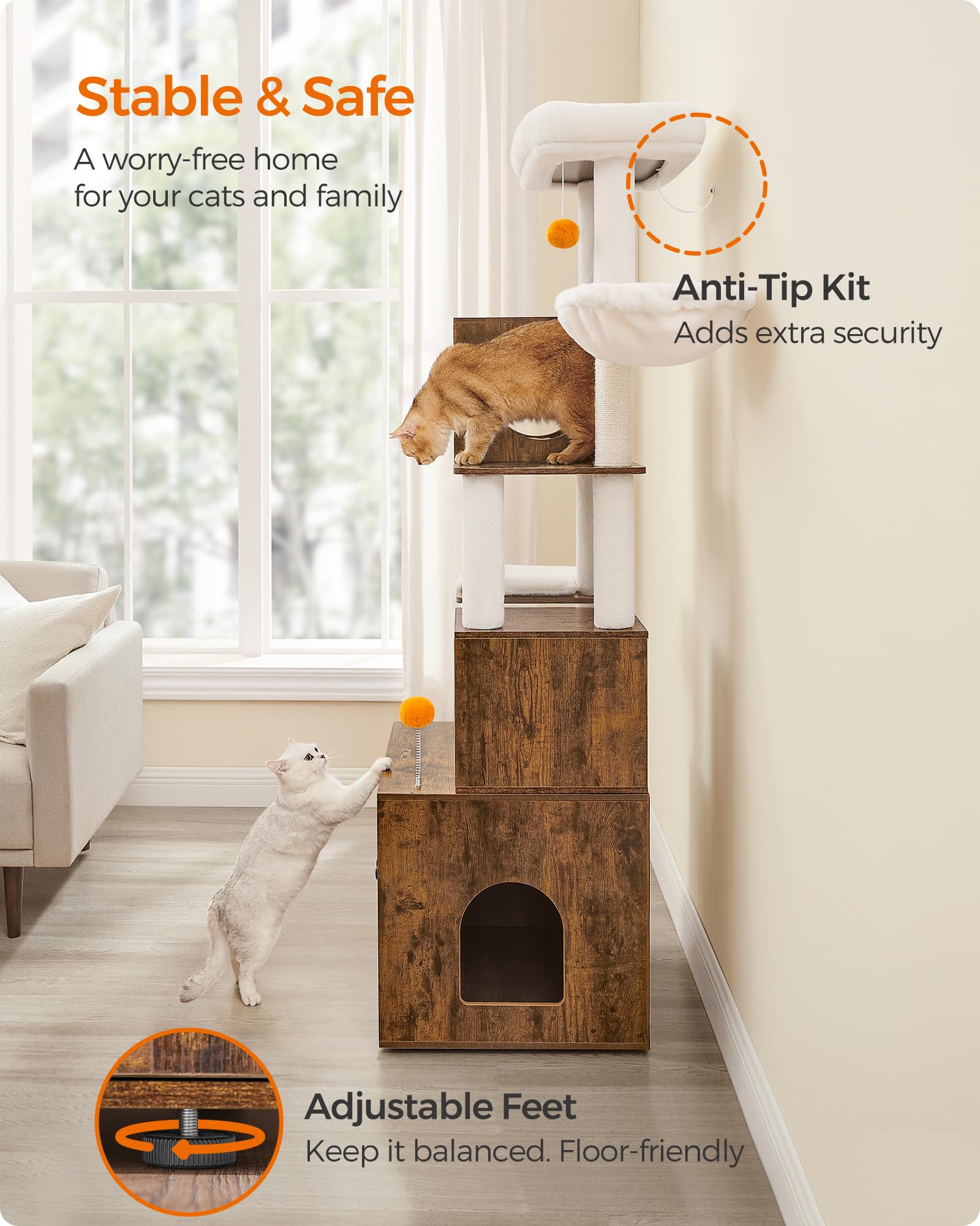 Feandrea Cat Tree with Litter Box Enclosure, 2-in-1 Modern Cat Tower, 72.8-Inch Tall Cat Condo with Scratching Posts, Perch, Caves, Basket, Washable Cushions, Rustic Brown UPCT116X01 - WoodArtSupply