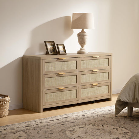 SICOTAS Rattan Dresser for Bedroom, 57" Wide 6 Drawer Dresser with Ample Storage, Dressers Large Chest of Drawers, Closet, Boho TV Stand for Bedroom (Reclaimed Light Oak, 1 Piece) SICOTAS