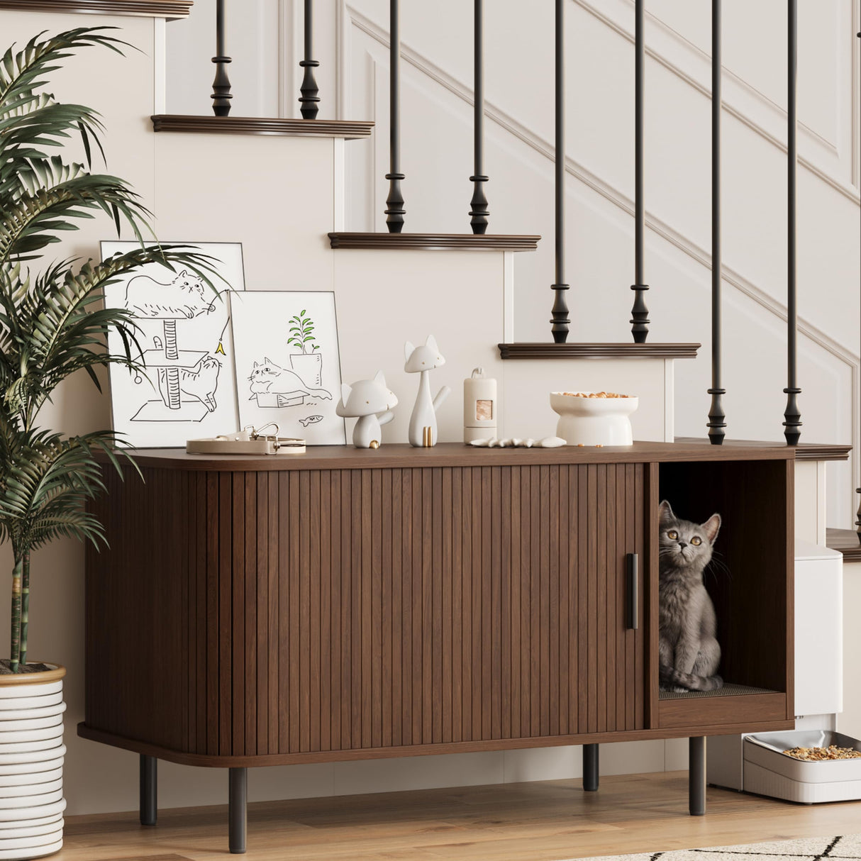 Cat Litter Box Enclosure with Cat Scratch Pad, Sliding Door, 37.4" Litter Box Enclosure Furniture Hidden Litter Box, Modern Indoor Cat House, TV Stand, Side End Table for Living Room, Walnut Halitaa