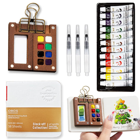 MUZMDNI Mini Watercolor Paint Set Portable, Travel Grid Paint Palette Box with Binder Clips Include 12 Colors Paint, Brush*3 and Picture Album Art Materials Coloring Markers (Brown Wood, S-8 Grids) MUZMDNI