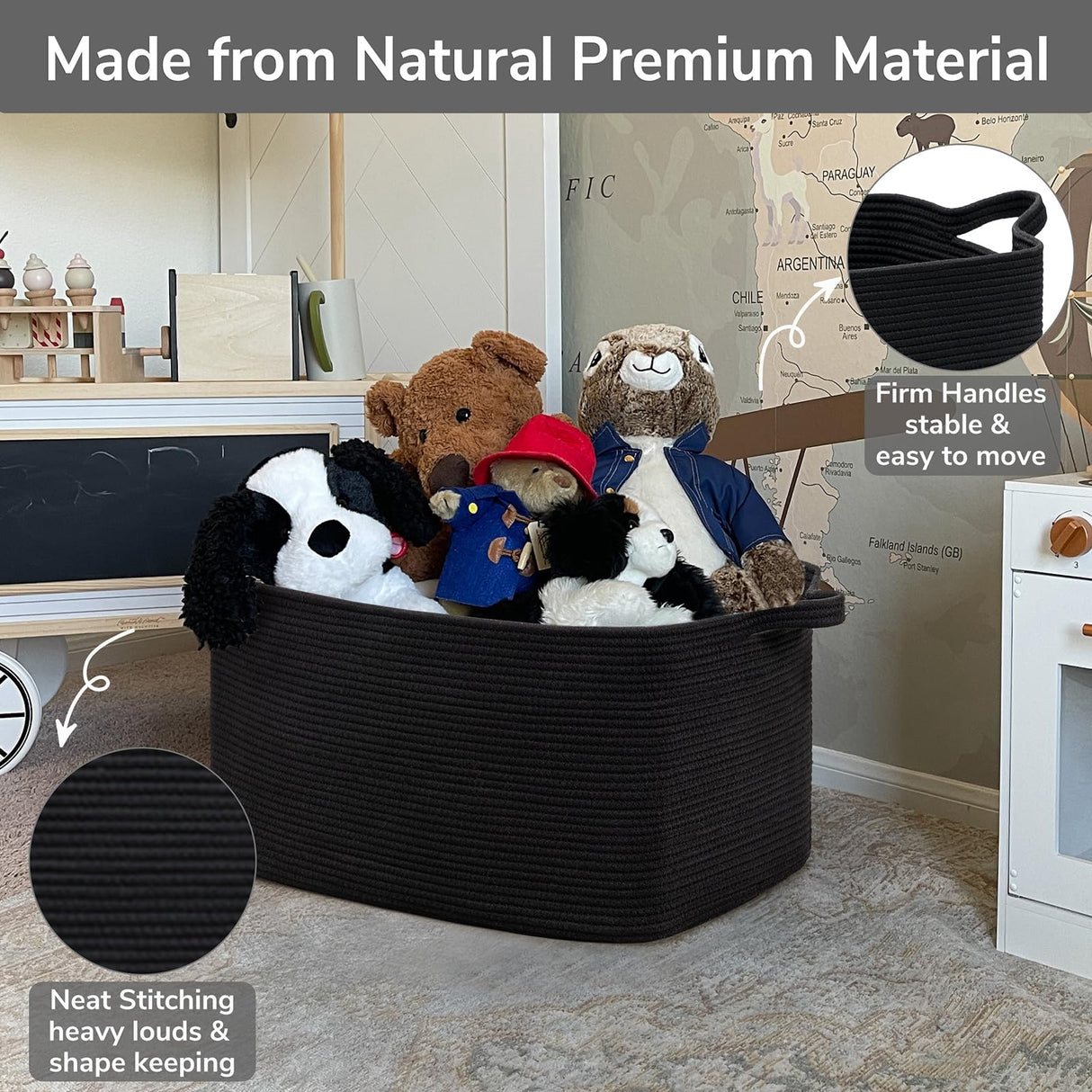 Goodpick Large Blanket Basket Living Room, 21.6" x 14.9" x 11.8" Woven Storage Basket for Blankets, Toys, Rectangle Rope Dirty Clothes Baskets for Nursery, Bedroom, Black Goodpick