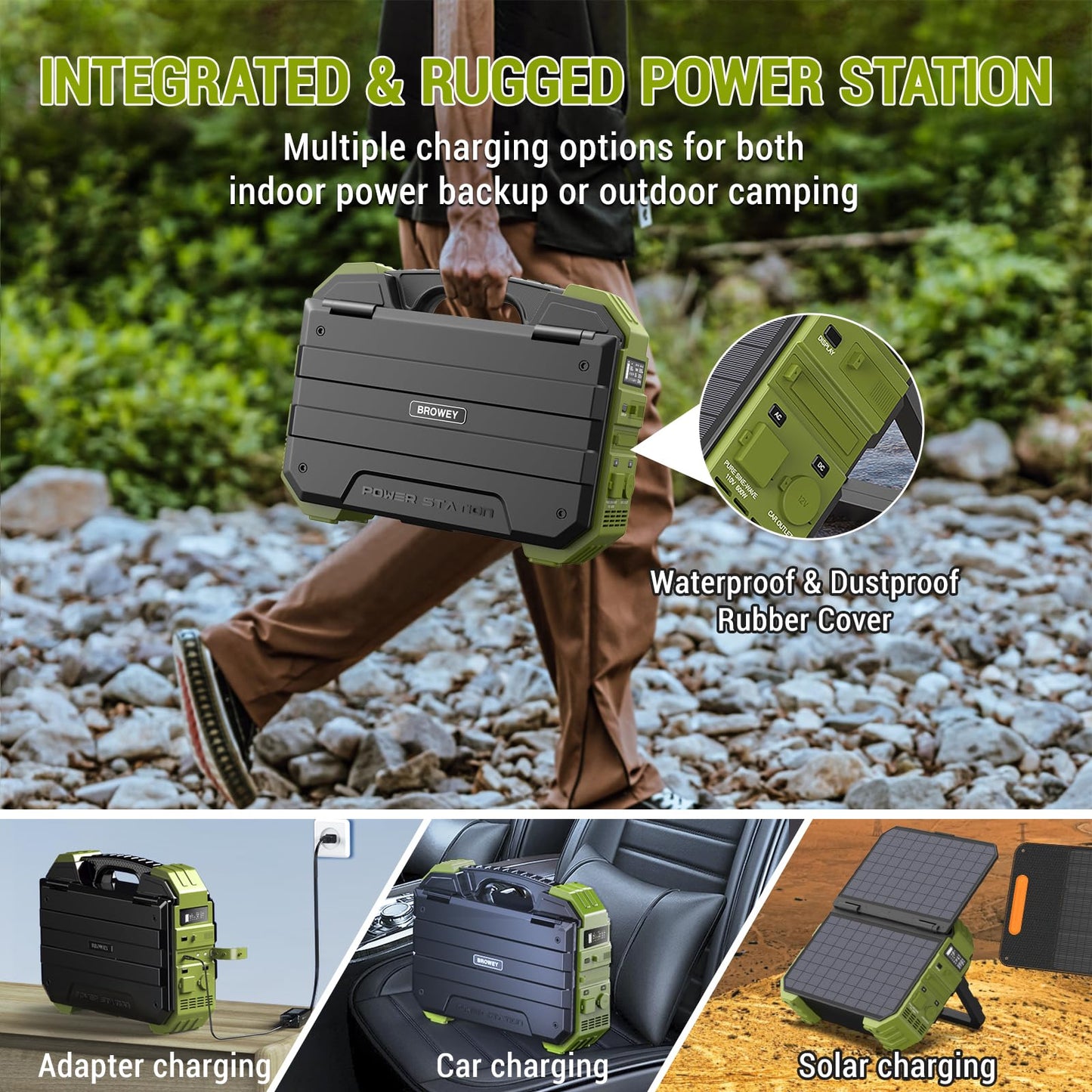 BROWEY Portable Power Station 1000W with Built-in Solar Panel, 614WH/192000mAh LiFePO4 Battery Pack, Solar Generator with AC/DC/USB/PD Outputs for Outdoor Camping, RV Travel, Emergency Prepar - WoodArtSupply