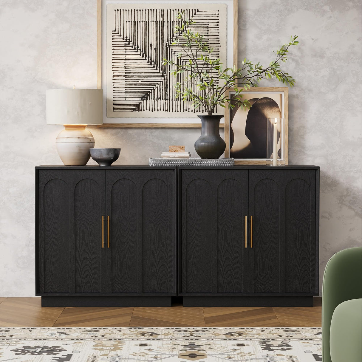 FORTUNETEC Sideboard Buffet Cabinet with Storage, Modern Accent Cabinet with Arched Doors & Shelf, 31.5" Modular Media Console, Minimalist Credenza for Living Room Kitchen Dining Room Entryway, Black FORTUNETEC