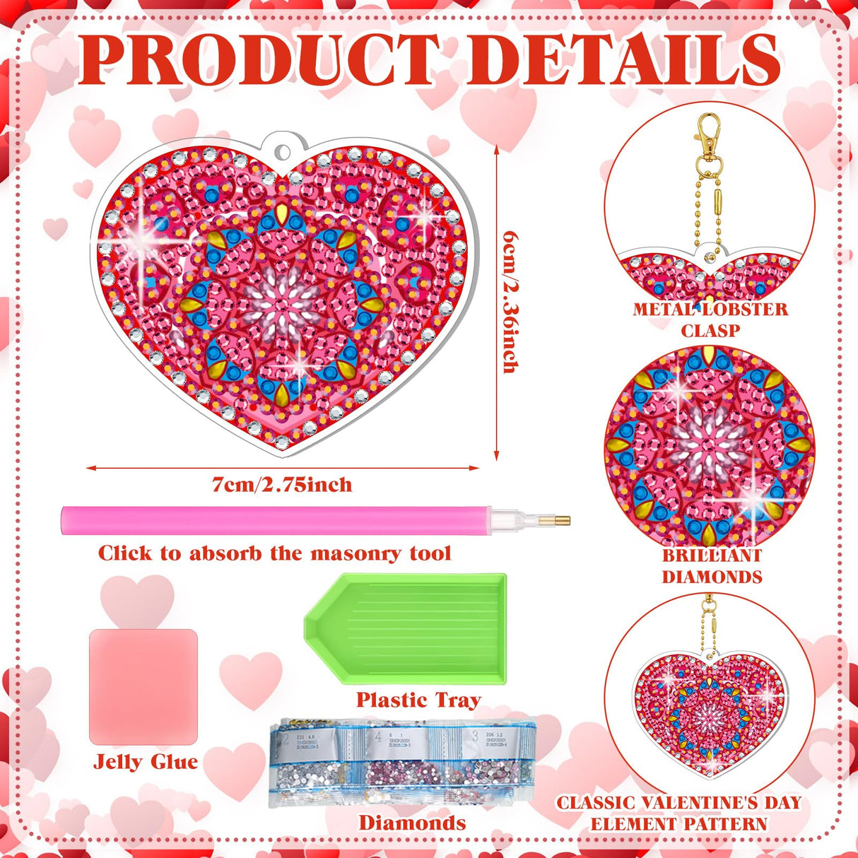 Ferreve 28 Pcs Heart Diamond Painting Keychain Kits Double Sided DIY Heart Diamond Art Keychain Ornaments for Adults Gem Key Ring Art Pendant Decor Crafts Accessories Gifts Ferreve