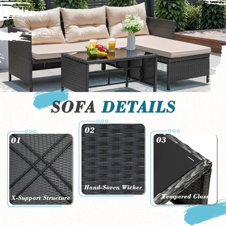 Greesum 3 Piece Patio Furniture Set Outdoor Wicker Rattan Sectional Sofa with Cushions & Coffee Table for Yard, Garden, Porch, Poolside, Light Beige Greesum