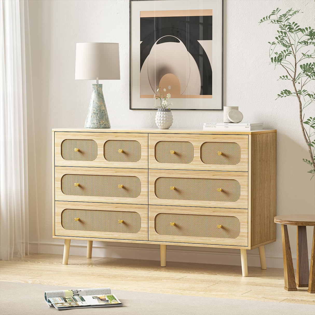 HOUROM Rattan Dresser for Bedroom, Modern 6-Drawer Double Dresser with Gold Handles, Wood Storage Chest of Drawers for Bedroom HOUROM