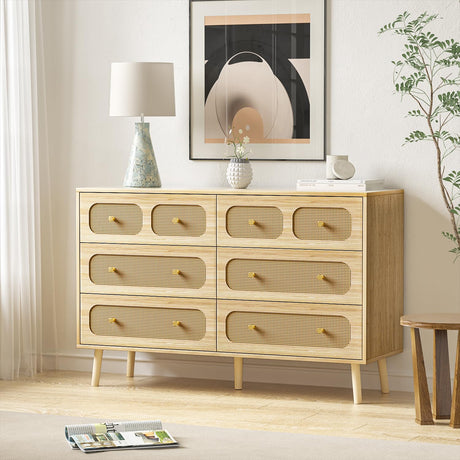 HOUROM Rattan Dresser for Bedroom, Modern 6-Drawer Double Dresser with Gold Handles, Wood Storage Chest of Drawers for Bedroom HOUROM
