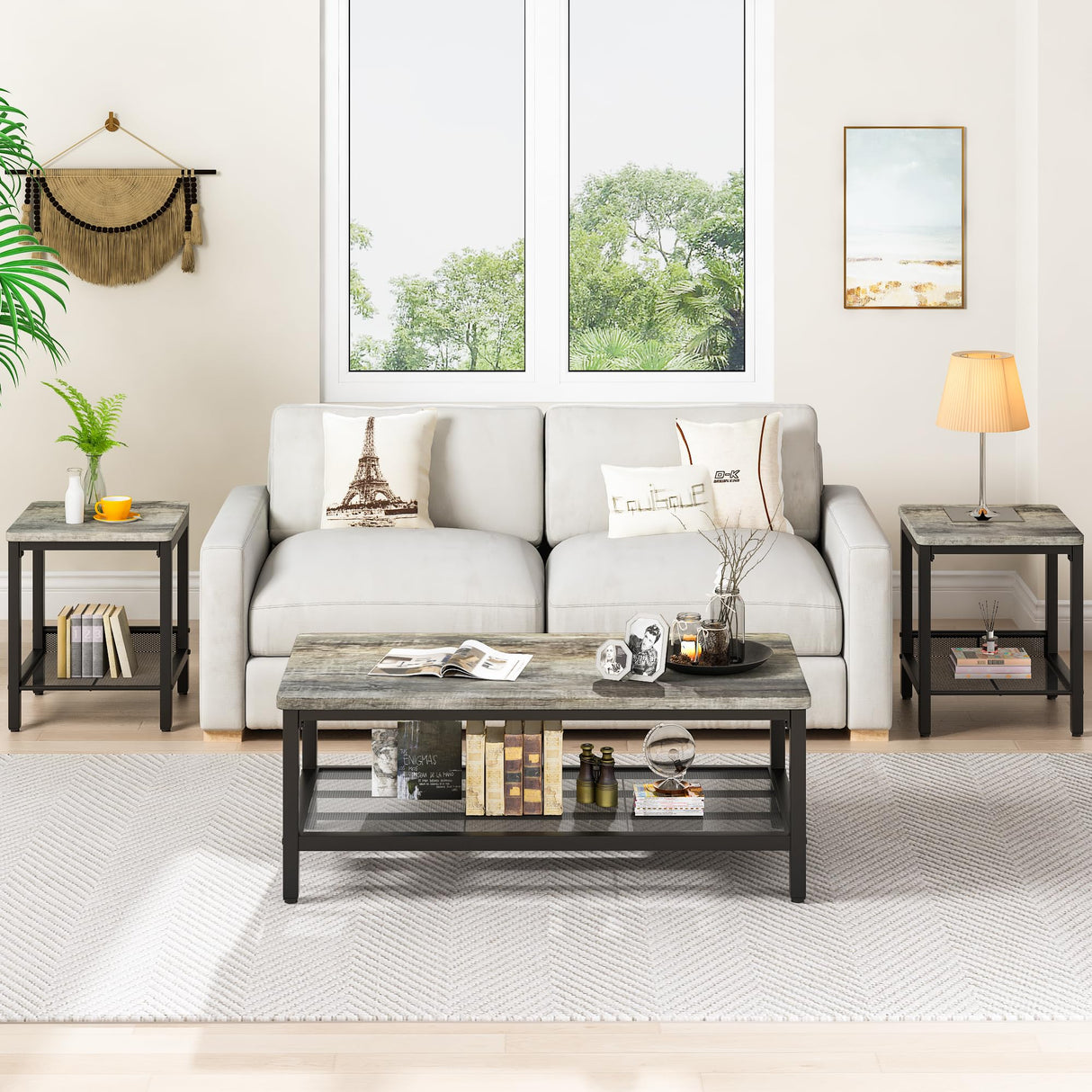 AWQM Coffee Table Set of 3, Industrial Coffee Table with 2 Square End Side Tables, Modern Living Room Table Set with Metal Frame for Apartment Home Office, Grey AWQM