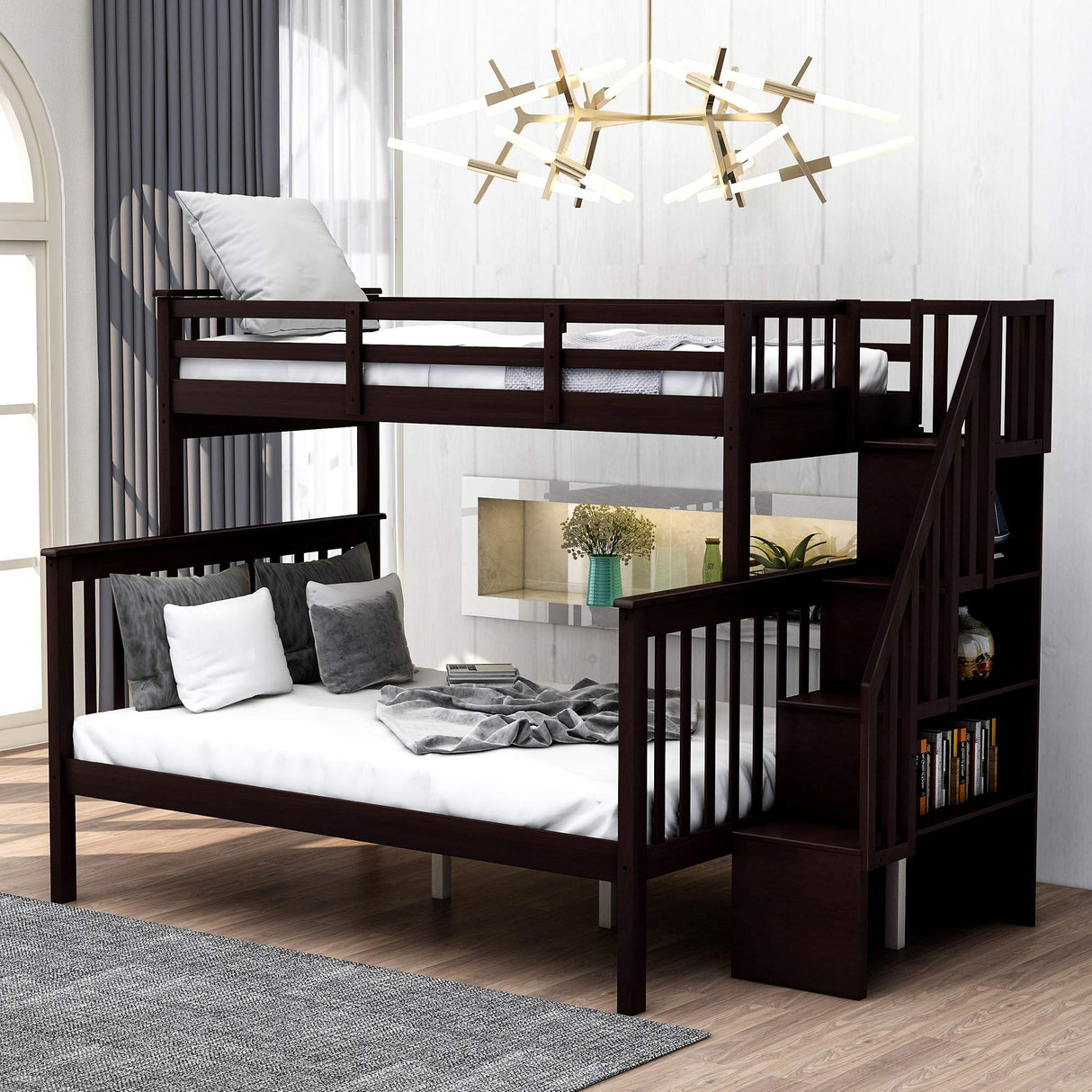 Solid Wood Twin Over Full Bunk Bed with Stairs and Storage Shelves in Espresso by Harper & Bright Designs Harper & Bright Designs