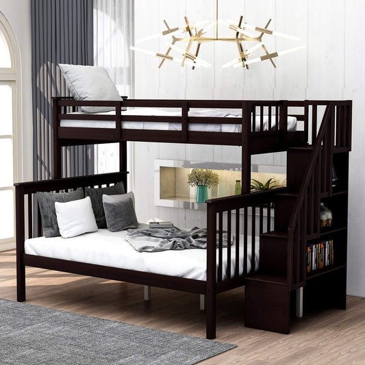 Solid Wood Twin Over Full Bunk Bed with Stairs and Storage Shelves in Espresso by Harper & Bright Designs - WoodArtSupply