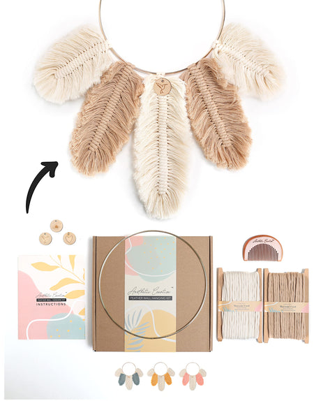 DIY Macrame Kit, Feather Dream Catcher Wall Hanging Kits for Teens & Adult Beginners, Craft Supplies for Boho Art Project-Macrame Cord, Gold Hoop, Accessories & Instructions (Khaki) Aesthetic Creative