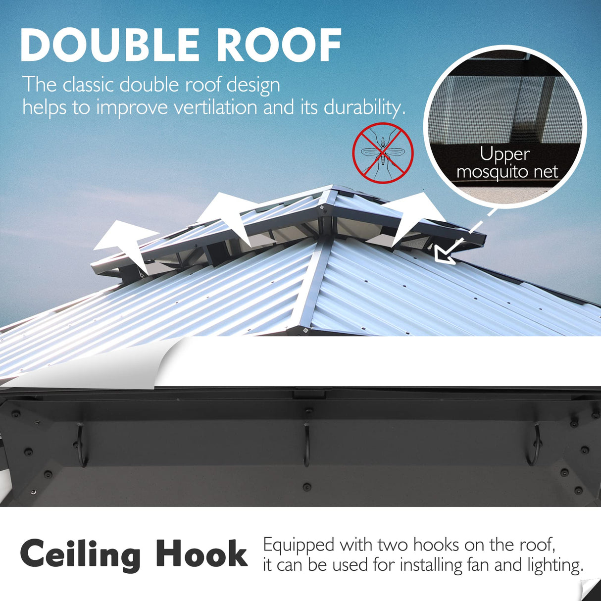 Kozyard 10'x12' Hardtop Gazebo - Permanent Metal Pavilion with Netting Shaded Curtains for Patio, Backyard, and Deck - Galvanized Steel Outdoor Aluminum Canopy, Double Roof Gazebo (Grey) Kozyard