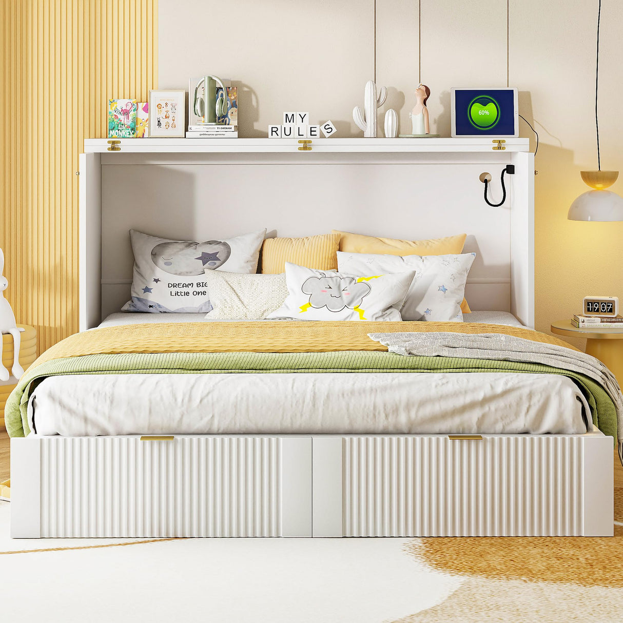 Harper & Bright Designs Queen Size Murphy Bed, Wood Queen Wall Bed with Drawer and a Set of Sockets & USB Ports, Pulley Structure Design, White Harper & Bright Designs