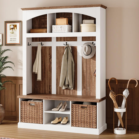 FUFU&GAGA Hall Tree with Bench and Shoe Storage, Entryway Bench with 5 Hooks, Farmhouse Arch Coat Rack with 2 Basket Drawers, Shelves for Mudroom Hallway, White & Brown, 47.2”W x 15.7”D x 66.9”H FUFU&GAGA