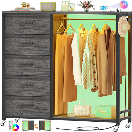 Girapow Dresser for Bedroom with Hanging Rack, Grey Oak 5 Drawers Dresser with Power Outlets & LED Lights, 2-1 Storage Unit Dressers with Lockable Wheels, Wooden Top, Bedroom, Closet, Entryway Girapow
