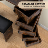 VOWNER Vanity with Lights - Makeup Vanity Desk with Power Outlet, 3 Color Lighting Options Brightness Adjustable, Vanity Table with 5 Rotating Drawers, Shelves and Stool for Bedroom, Rustic VOWNER