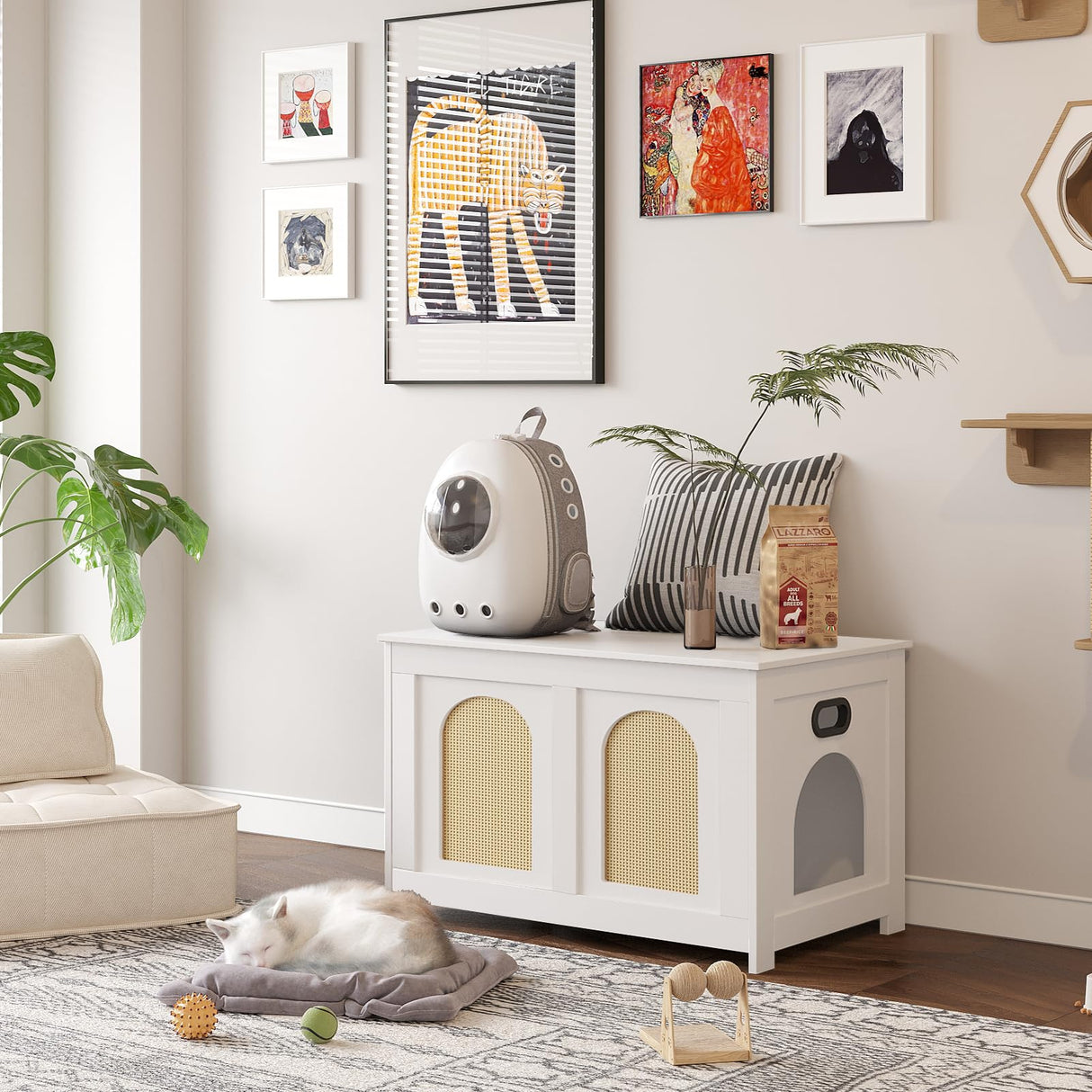 DINZI LVJ Cat Litter Box Enclosure, Flip Top Litter Box Furniture, Rattan-Like Hidden Cat Washroom, Wooden Pet House, End Side Table, 31.5" L x 19.7" W x 19.7" H, Easy to Assemble, White with Rattan DINZI LVJ