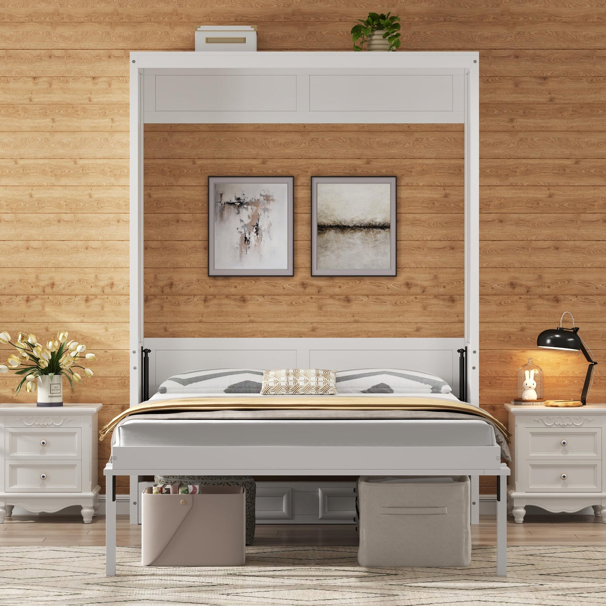 Merax Modern Full Size Murphy Bed with 2 Drawers, Space Saving Wall Bed Foldable into Wardrobe, Solid Pine Wood Frame, No Box Spring Needed, Beige Merax