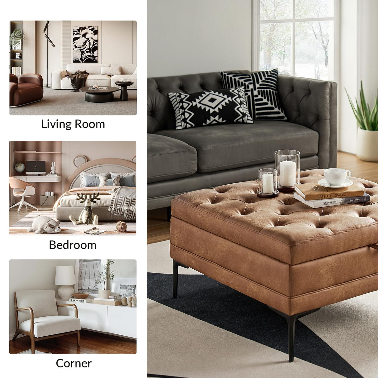 HULALA HOME Faux Leather Coffee Table, 36.5" Square Storage Ottoman with Metal Legs, Button-Tufted Coffee Table with Storage for Living Room, Camel HULALA HOME