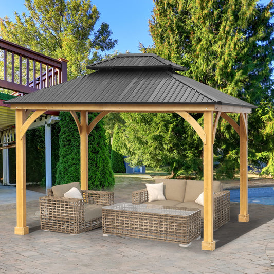 Aoodor 12 x 10 ft. Outdoor Solid Wooden Frame Gazebo with 2-Tier Hardtop Roof, for Patio Backyard Deck and Lawns - Black Canopy