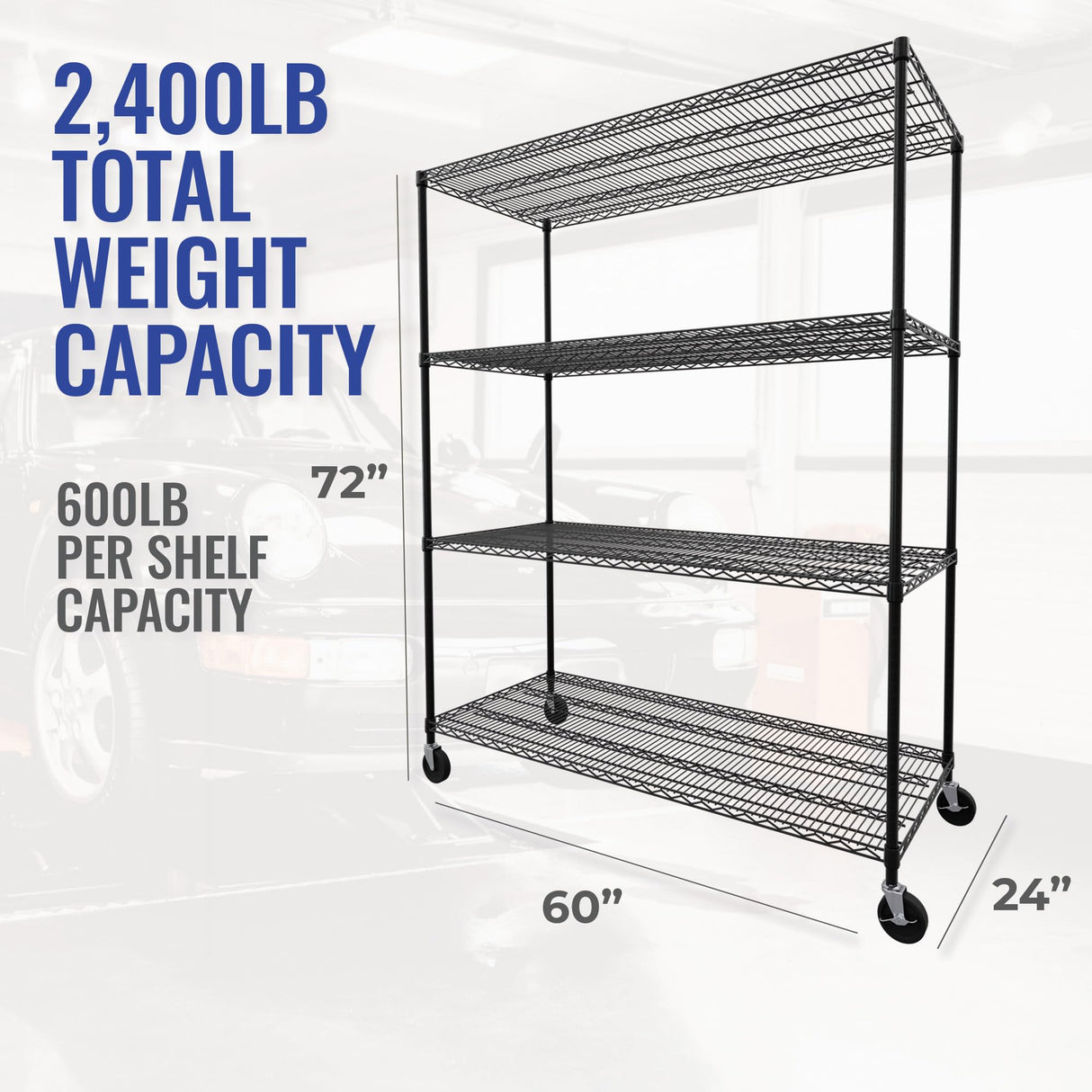Heavy-Duty Black Steel Wire Shelving Unit with Wheels - 4-Tier NSF Certified Storage Rack (24"x60"x72") SafeRacks