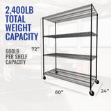 Heavy-Duty Black Steel Wire Shelving Unit with Wheels - 4-Tier NSF Certified Storage Rack (24"x60"x72") SafeRacks