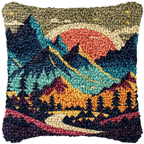 Landscape of Sunset Mountain Tree Latch Hook Pillow Kit for Adults with Printed Canvas Crochet Yarn DIY Throw Pillow Cover Needle Craft Handmade Cushion for Home Sofa Decor 43x43cm(2) Generic