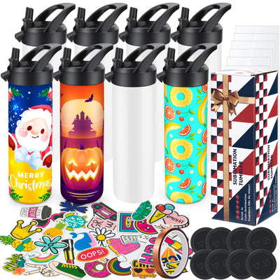 8 Pack 20oz Sublimation Tumbler Set Triple-Insulated Stainless Steel Sports Water Bottle with Straw Lid Blank Sublimation Cup with DIY Stickers, Shrink Wrap, Rubber Base, Heat Tape for Heat Transfer