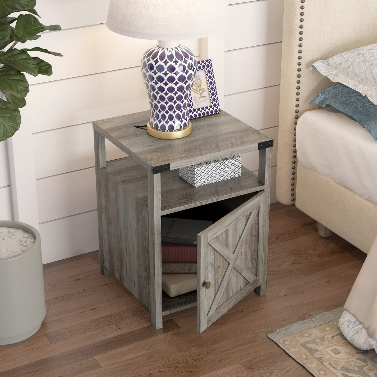 HOSEOKA Farmhouse Nightstand with Charging Station, Rustic End Table Bedroom with Storage Living Room Side Table Grey Night Stand Industrial Bedside Bed Table with USB Ports and Outlets HOSEOKA