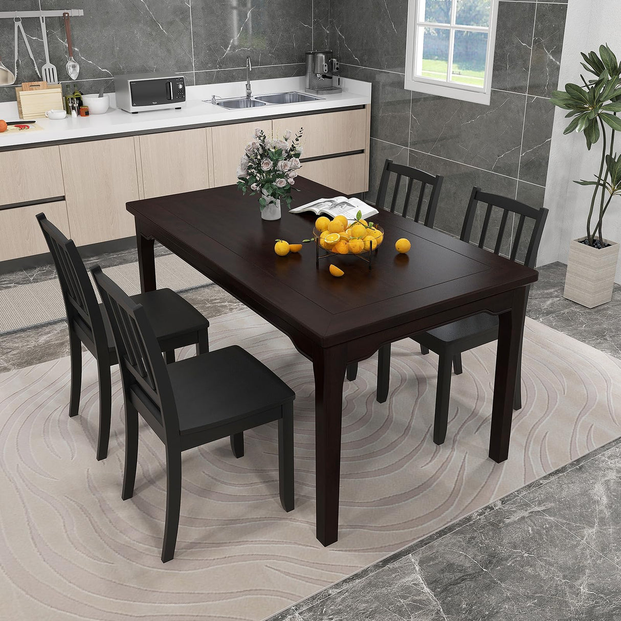 Giantex Farmhouse Dining Chairs Set of 4, Modern Kitchen Chairs w/Rubber Wood Legs & Curved Backrest, Ladder Back Diner Chairs, Wooden Side Chairs for Study, Dining Room, Load 400 LBS, Black Giantex