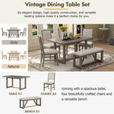 Merax Farmhouse Wooden Dining Set of 6, 59.6 inch Kitchen Table with Trestle Base, 4 Upholstered Chairs and 1 Bench, Easy Assemble Gray Merax