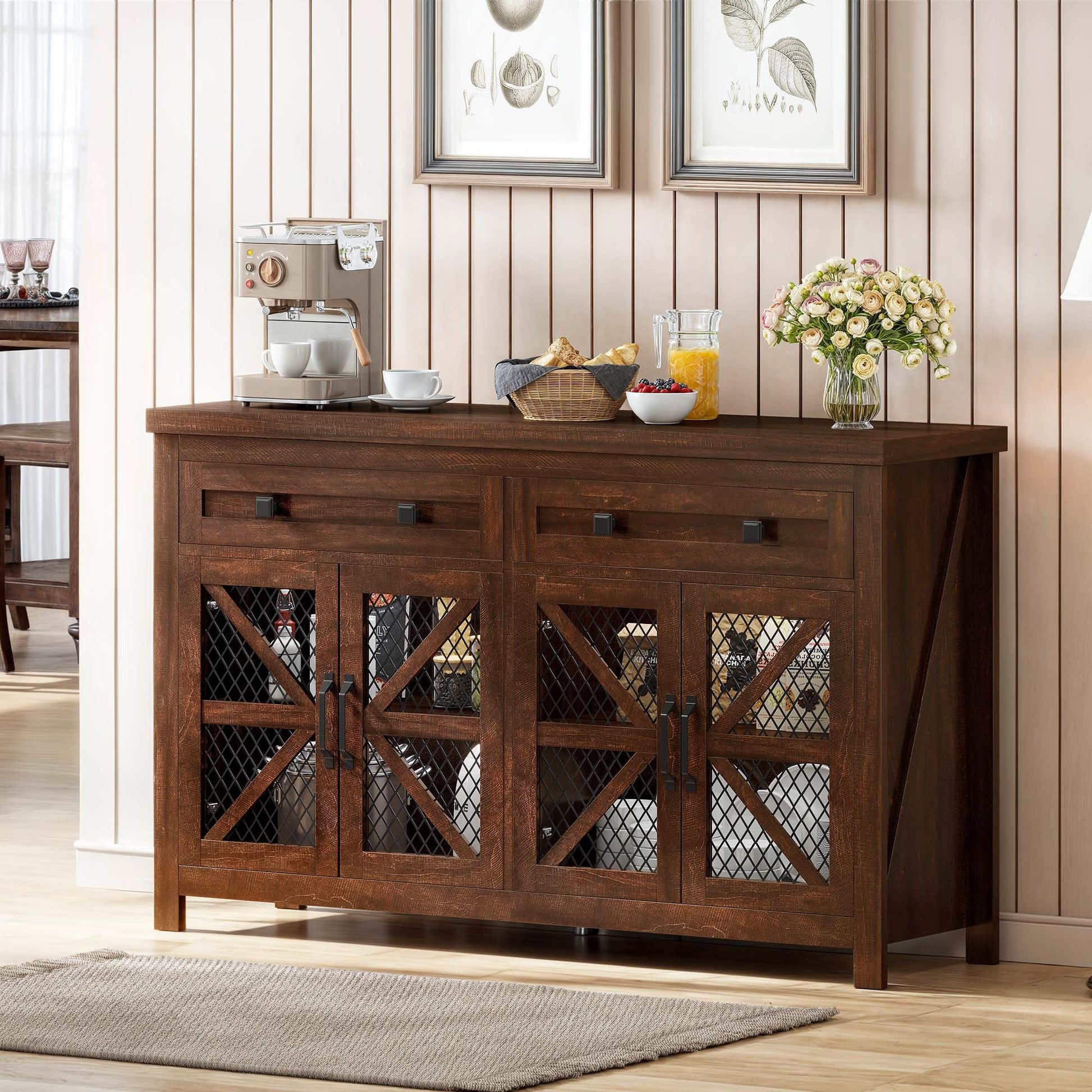 DWVO Farmhouse Buffet Cabinet with Storage, Wood Sideboard Storage Cabinet with 4 Doors & 2 Drawers, Bar Cabinet for Kitchen, Dining Room, Hallway, Rustic Brown - WoodArtSupply