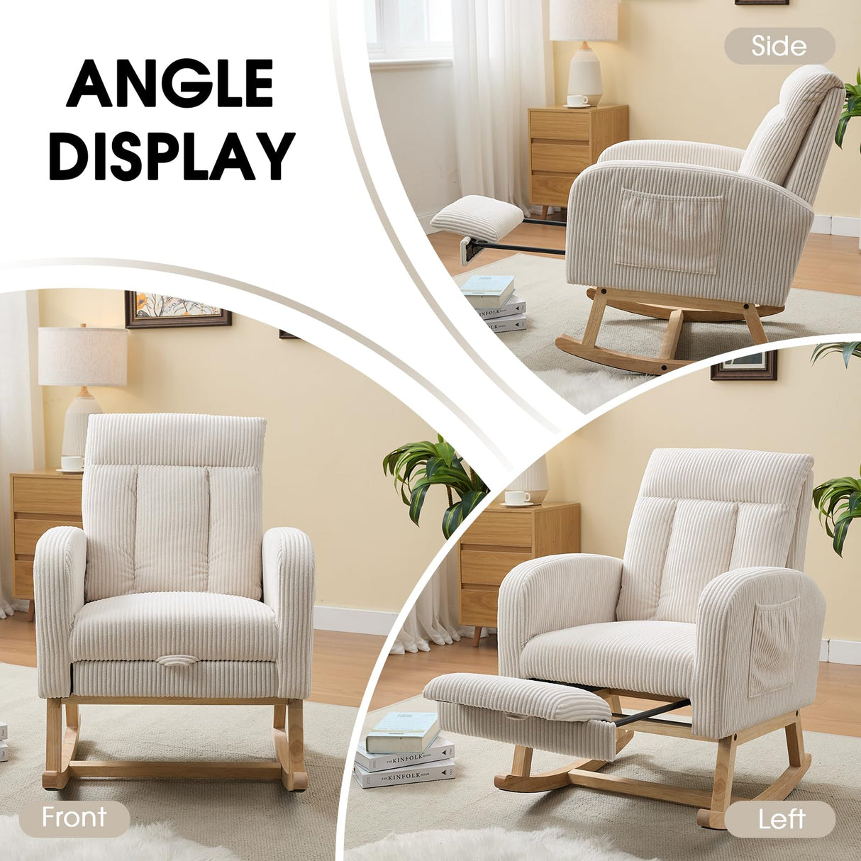 NIOIIKIT Nursery Rocking Chair, Corduroy Upholstered Rocking Chair with Adjustable Footrest, Tufted Rocker Chair with Side Pocket, Glider Rocker for Living Room, Bedroom (Cream Casual) NIOIIKIT