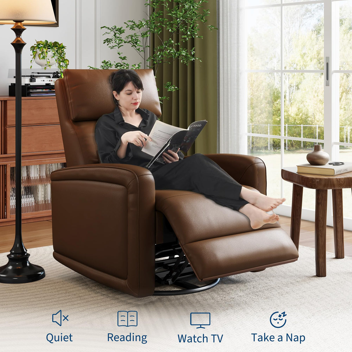 Adult Manual Recliner Chair, 360° Swivel Sofa Rocker, Faux Leather Single Sofa with Adjustable Backrest and Footstool, Modern Wingback Recliner with Hidden Pull Tabs, Living Room Armchair, Brown IDEALHOUSE