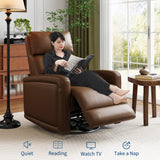 Adult Manual Recliner Chair, 360° Swivel Sofa Rocker, Faux Leather Single Sofa with Adjustable Backrest and Footstool, Modern Wingback Recliner with Hidden Pull Tabs, Living Room Armchair, Brown IDEALHOUSE