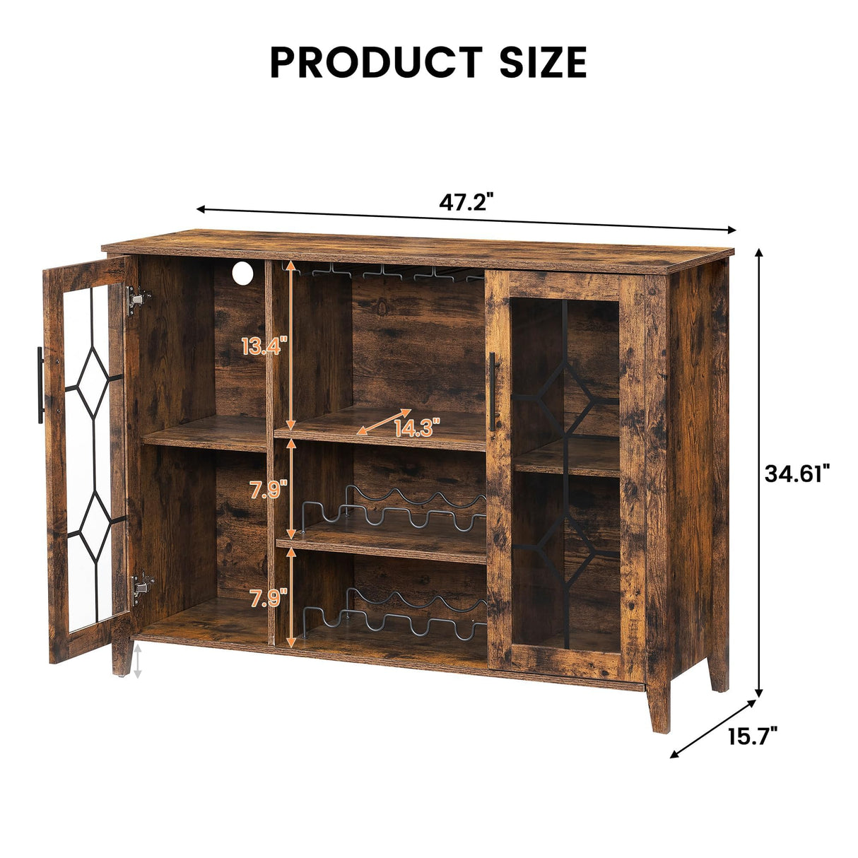 Assile Bar Cabinet with LED Lights, 47" Kitchen Cabinets Storage with Wine Rack and Glass Holder, Coffee Storage Cabinets with Doors, Rustic Compartment Retro Brown Assile