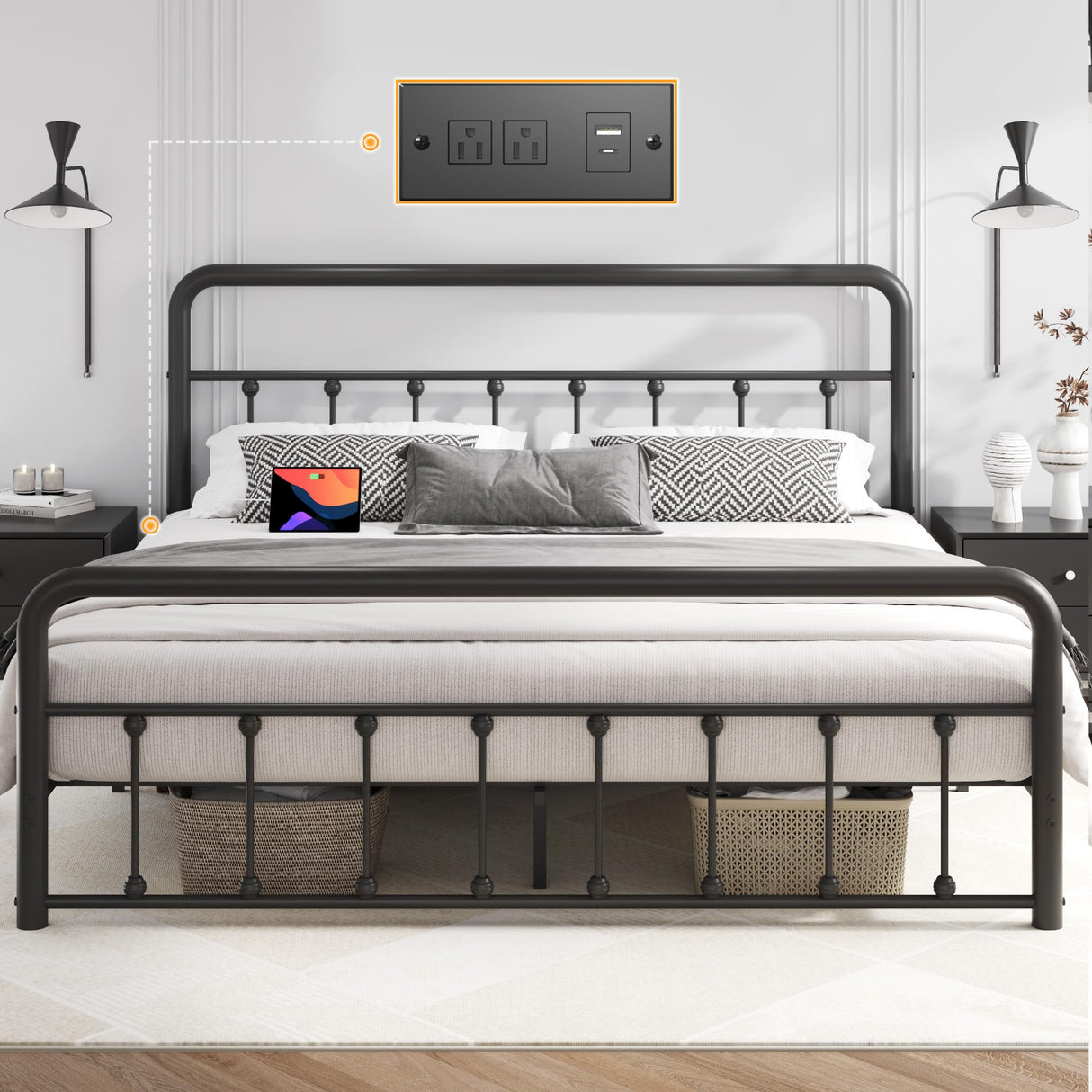 Fluest Queen Bed Frame Classic Metal Platform Bed Frame with Charging Station & LED, Victorian Style Iron-Art Headboard/Footboard, Under Bed Storage, No Box Spring Needed, Noise Free, Black Fluest