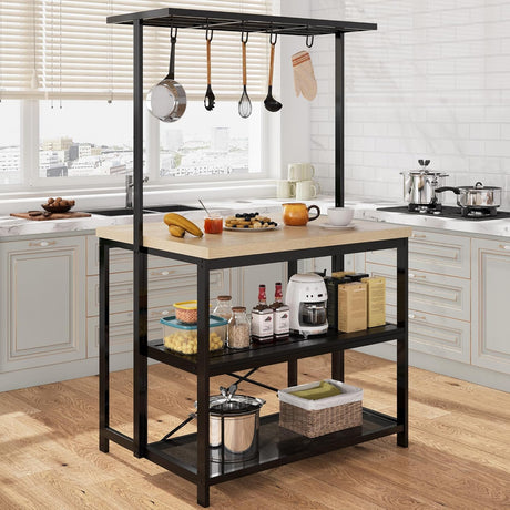 GarveeLife 42 Inch Kitchen Island,Bakers Rack Microwave Stand with 3 Tier Storage 5 Hooks,Metal Coffee Bar Table Multi Purpose Shelf for Dining Living Room 42x28x72 Inches GarveeLife