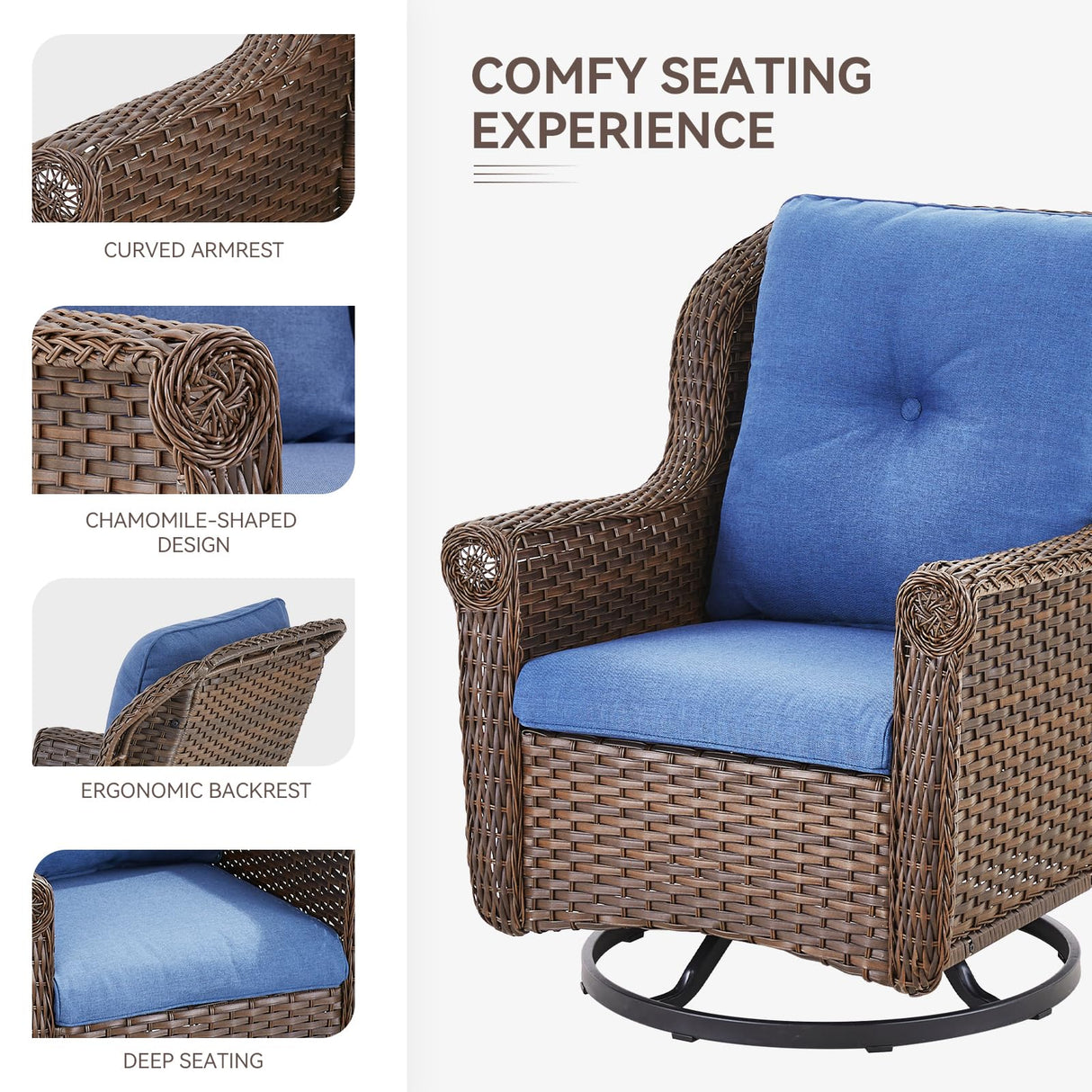 Bellefurn Patio Resin Wicker Furniture Set with Fire Pit Table, PE Rattan Swivel Patio Chairs with Propane Fire Pit Table, Brown Wicker 5PCS Patio Conversation Set Bellefurn